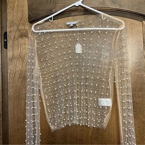 Sheer pearl and sequin beaded beige top sz M NWT